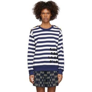 Gucci Pour La Cote DAzur Striped Crewneck Sweatshirt‎ Navy Blue & White